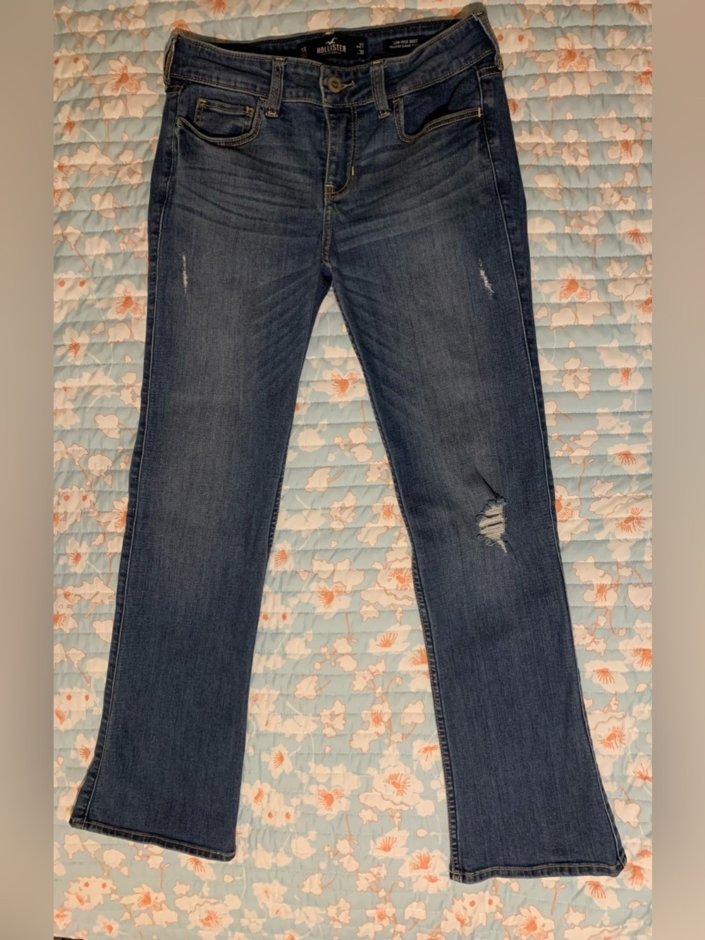 Hollister Women's Dark Blue Flare Jeans with Distressed Knee